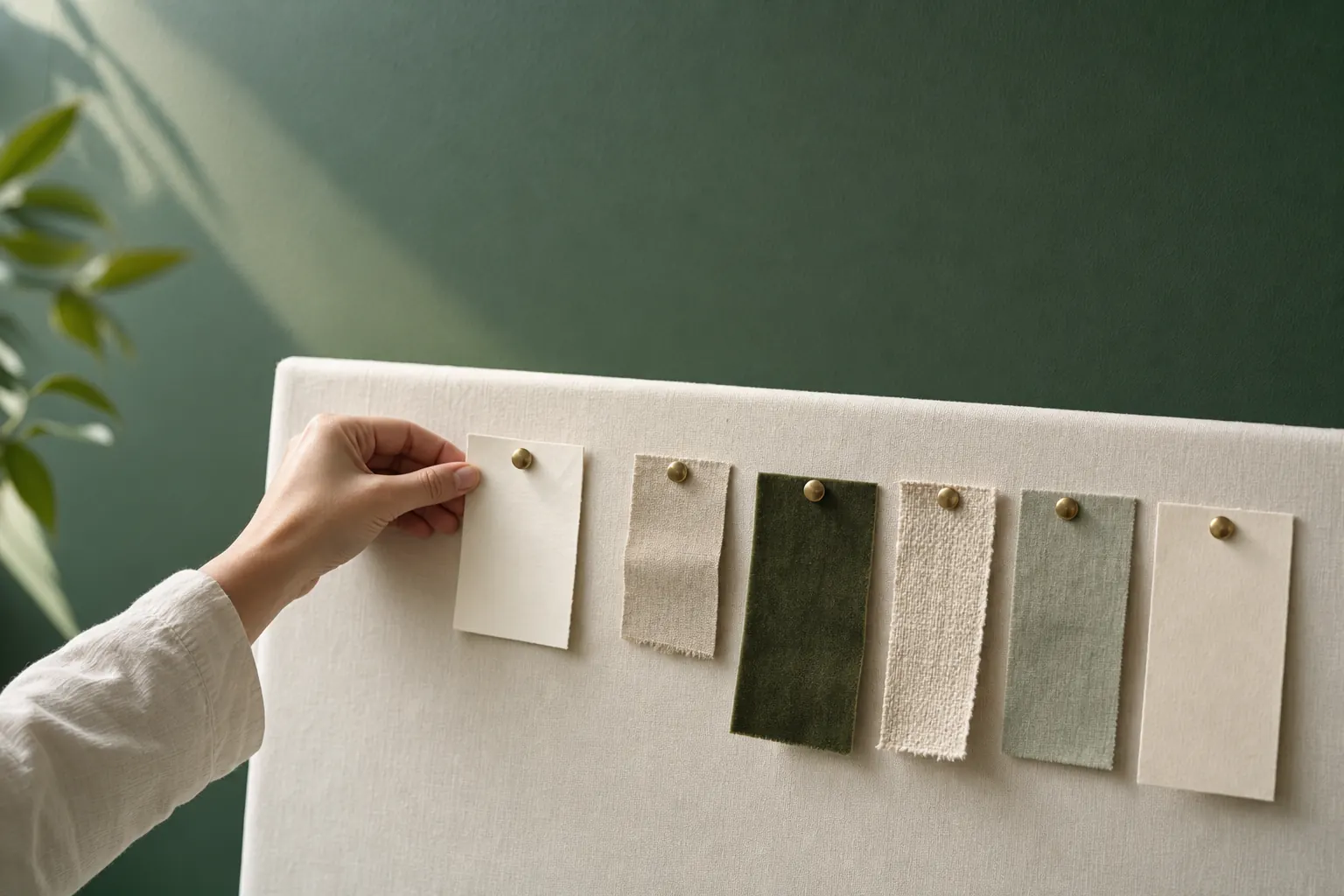 Hand pinning blank paper and fabric swatches in a row onto an ivory pinboard with brass pins against a deep green wall