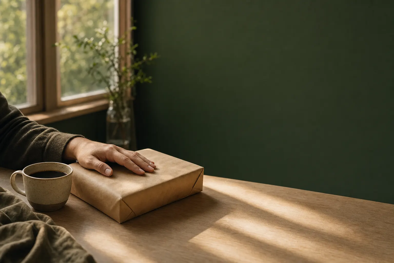 Hand resting on an unopened kraft paper parcel on a wooden table beside a cup of black coffee, green wall and window light behind