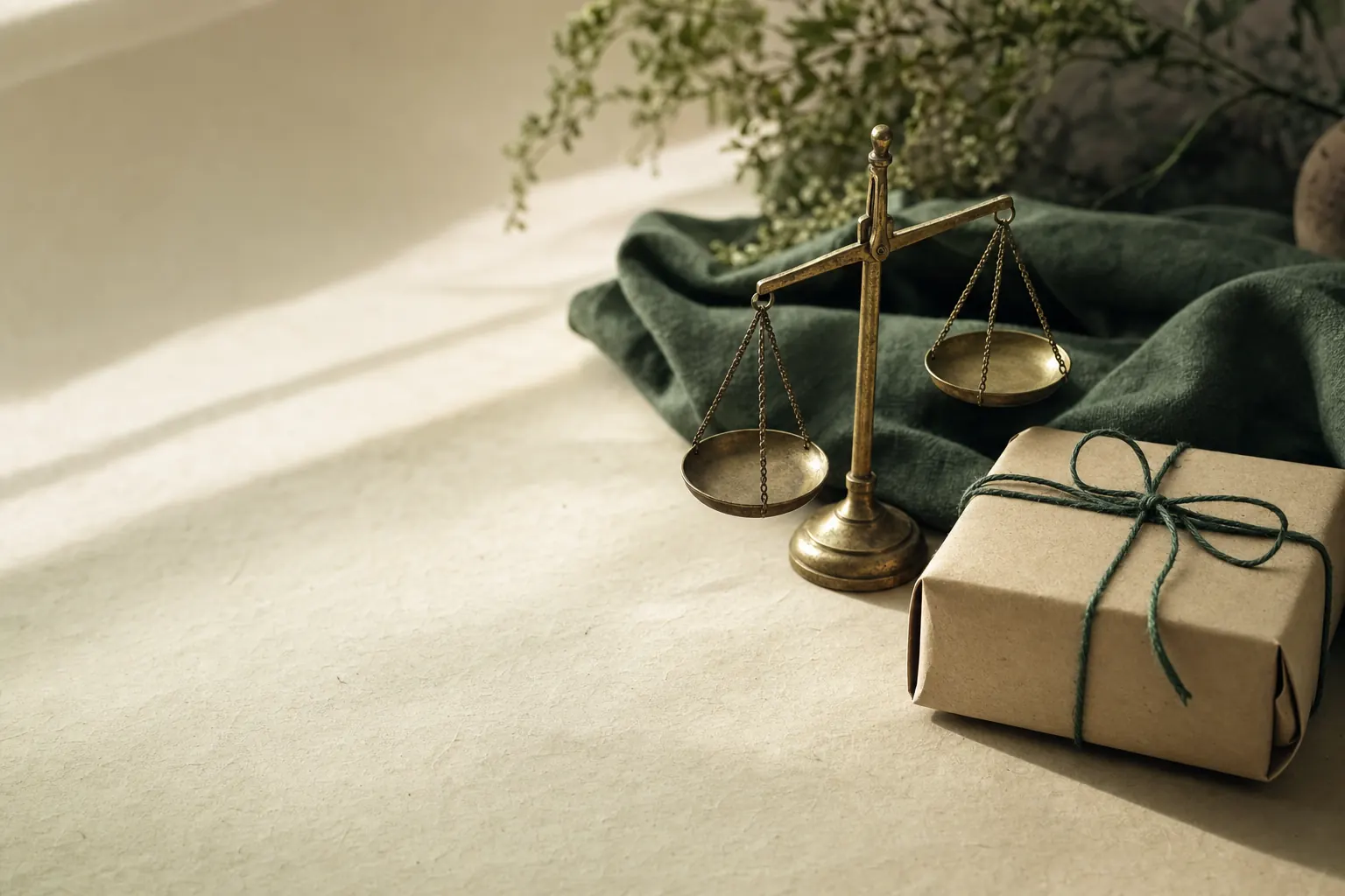 Brass balance scale beside a kraft paper parcel tied with green twine on a cream paper surface in morning light