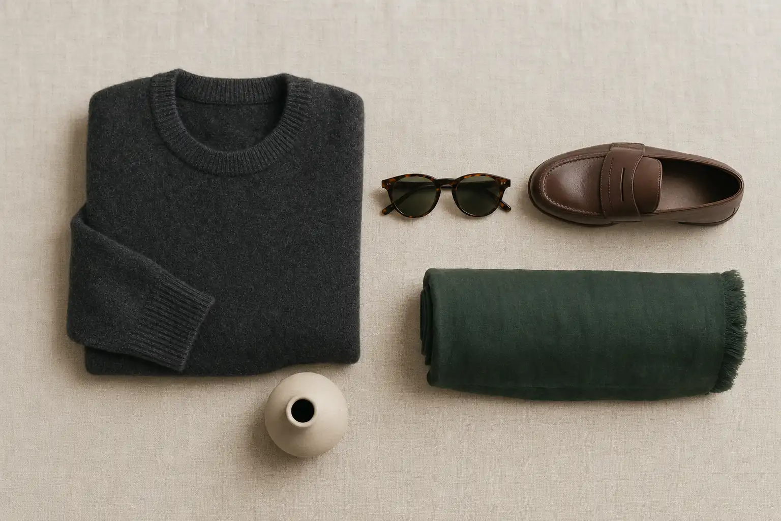 Overhead flat lay on ivory linen of a folded charcoal sweater, tortoiseshell sunglasses, brown leather loafer, ceramic vase and rolled green fabric