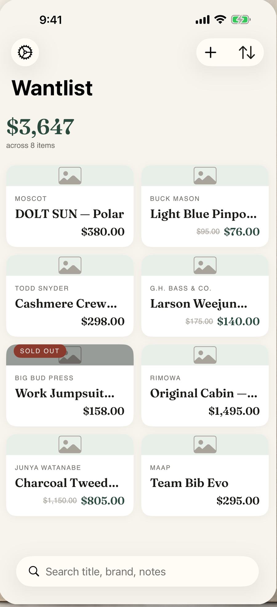 ForLater wantlist grid showing eight saved products with brands, prices, two items marked down with struck-through prices, and one Sold Out badge