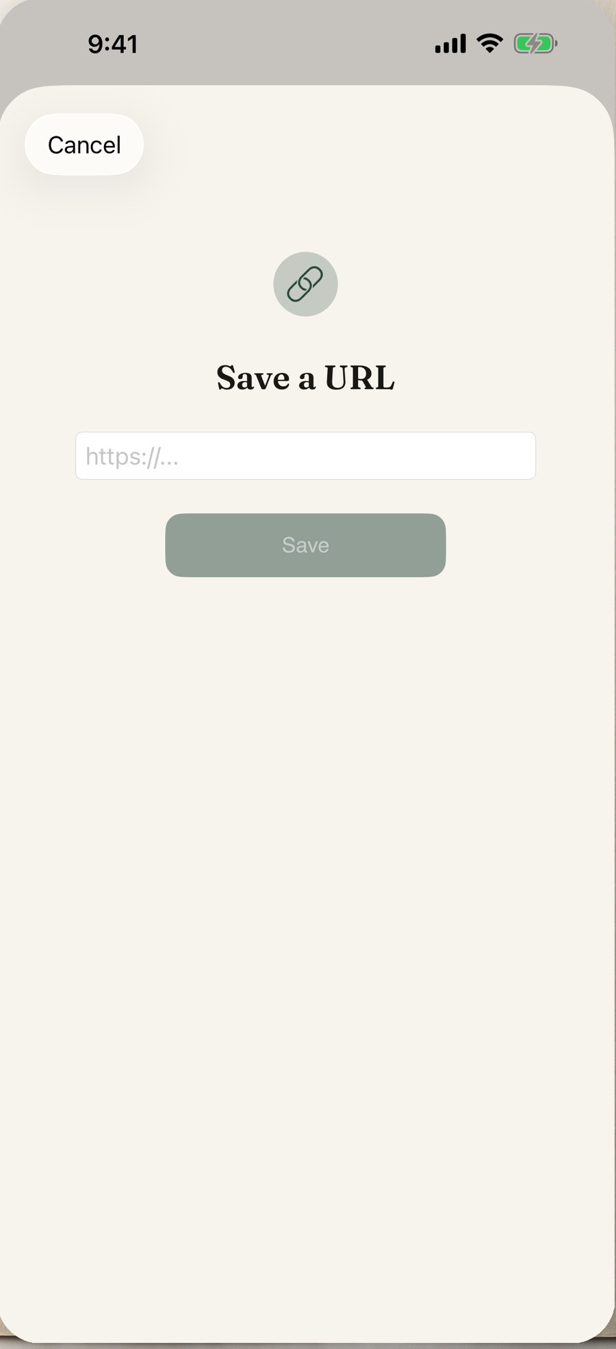 ForLater Save a URL sheet with a link icon, an https field and a Save button