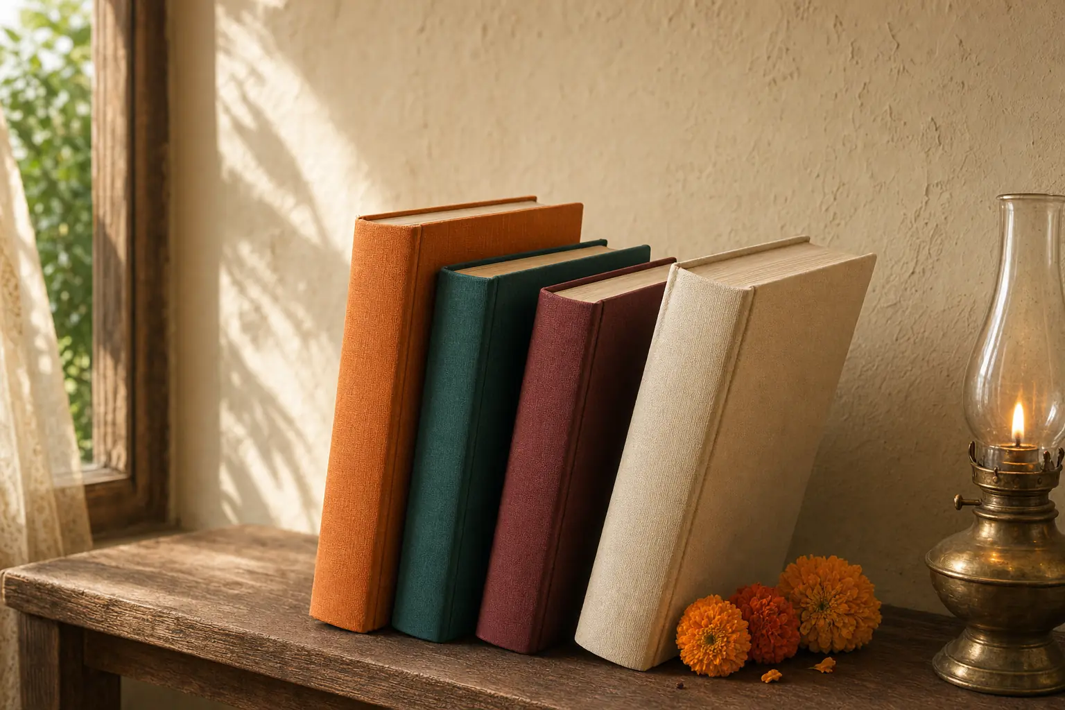 Four closed cloth-bound books in saffron, teal, maroon and cream leaning on a wooden shelf beside a brass oil lamp