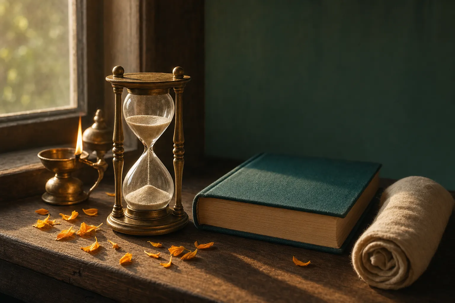 Brass hourglass with sand running, standing on a sunlit windowsill beside a closed teal cloth-bound book and a small oil lamp