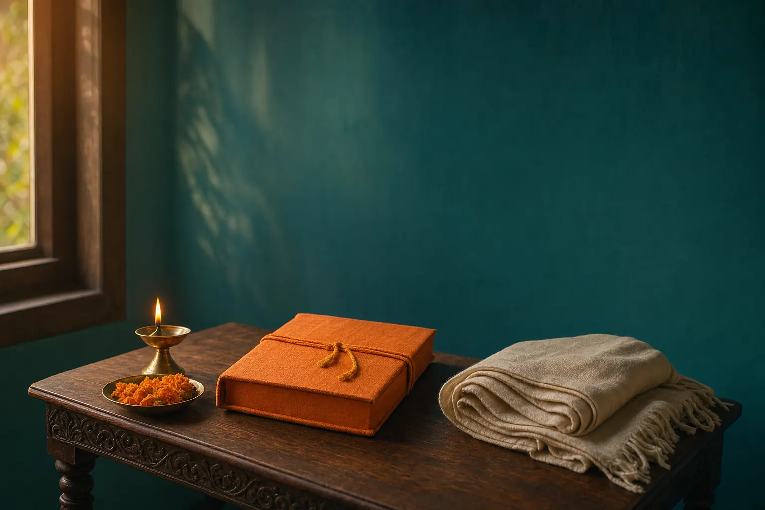 Cloth-wrapped closed book on a wooden table beside a lit brass oil lamp and a dish of marigold petals in morning light