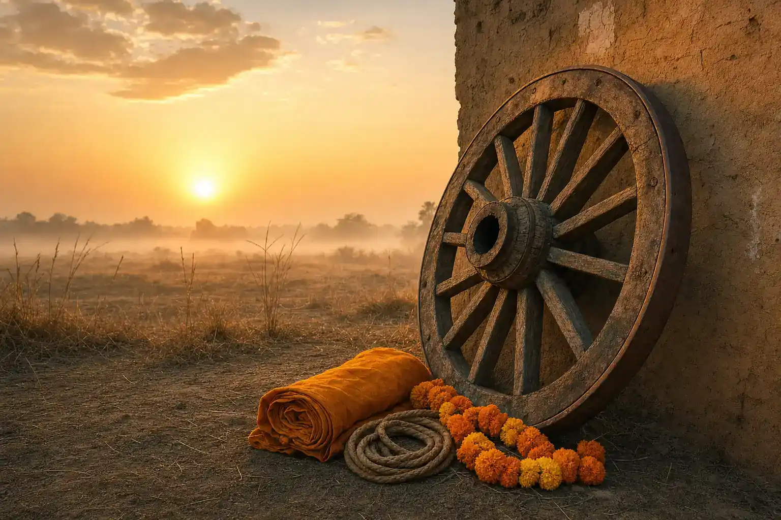Weathered wooden chariot wheel leaning against a mud-plaster wall at sunrise, with saffron cloth and a marigold garland on the ground