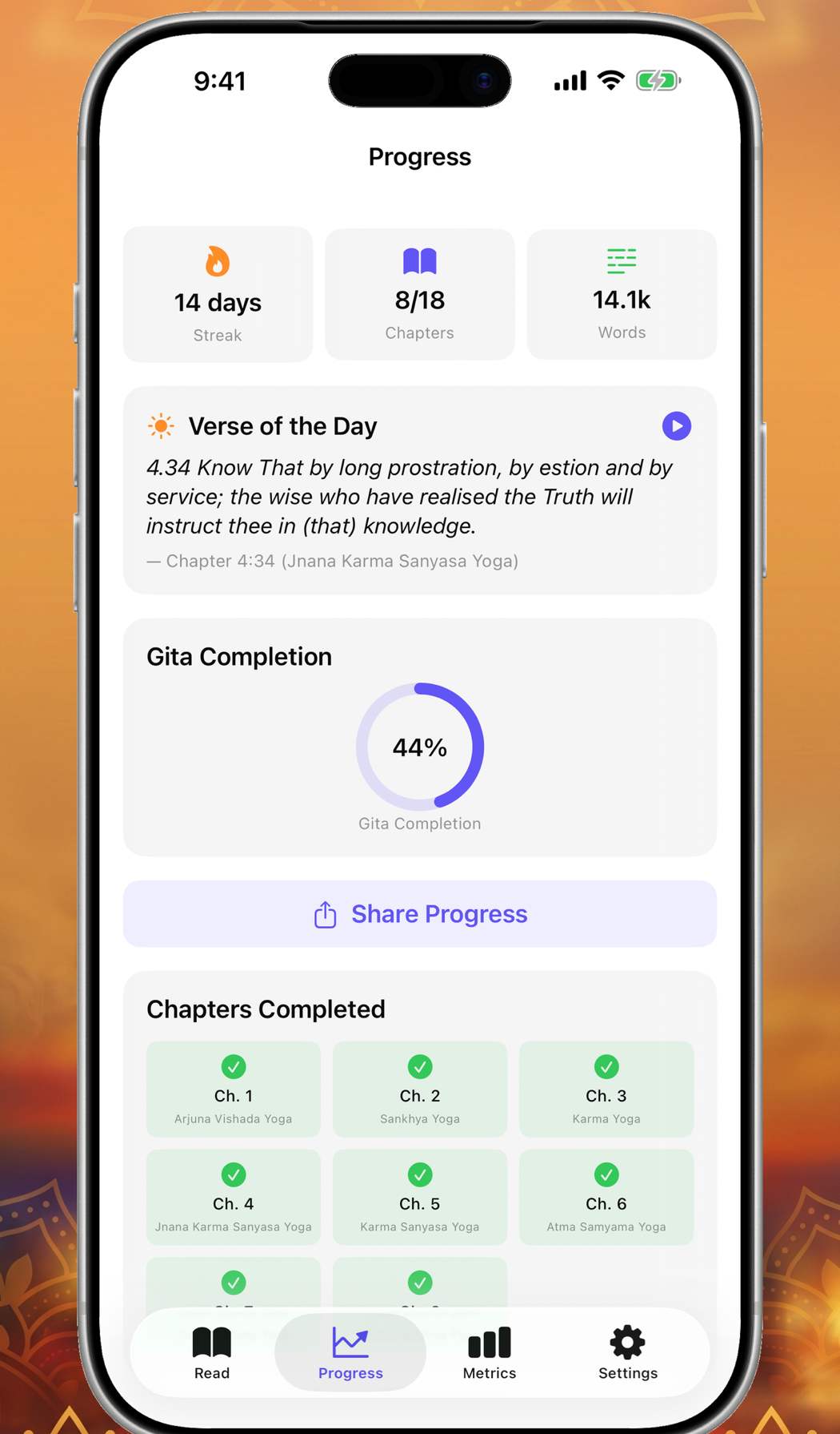 RSVP Gita progress screen showing a 14 day streak, 8 of 18 chapters read, a verse of the day and a 44 percent completion ring
