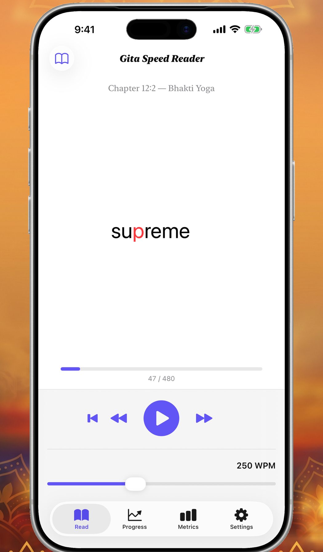 RSVP Gita reader screen displaying a single word from Chapter 12 verse 2 with a speed control set to 250 words per minute