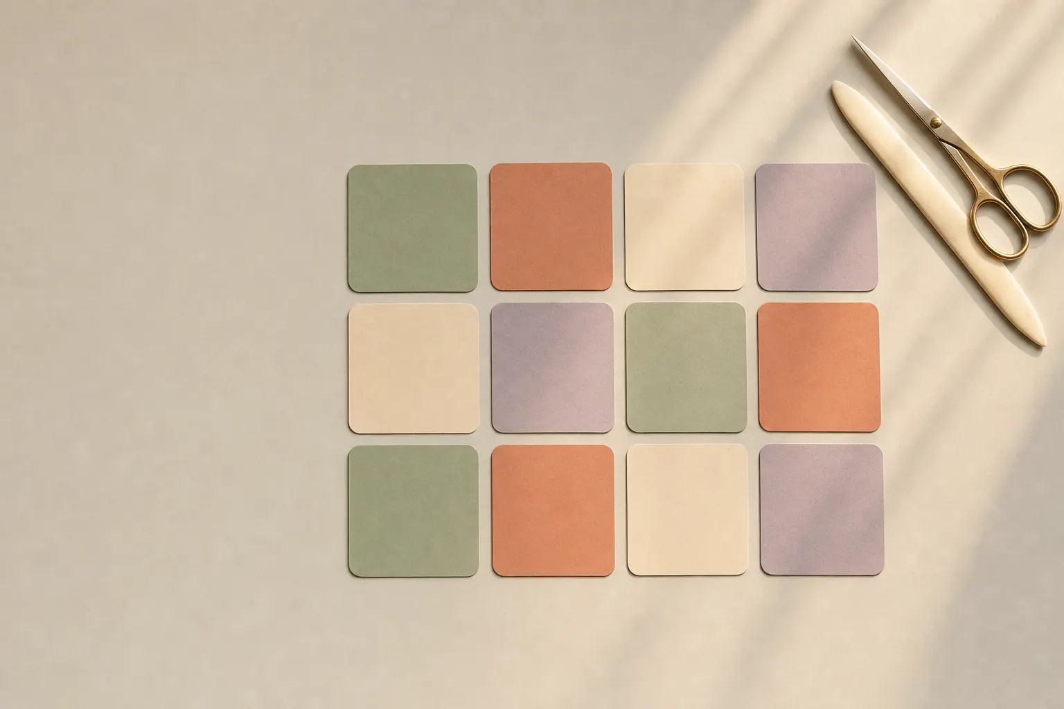 Twelve blank hand-cut paper squares in sage, clay, cream and lavender laid out in a grid on warm putty paper with brass scissors