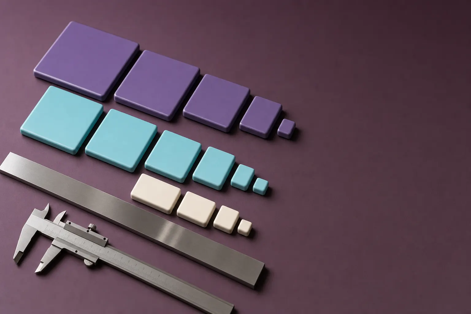 Rows of blank violet, teal and cream ceramic tiles arranged in descending sizes beside a steel rule and calipers on a plum surface