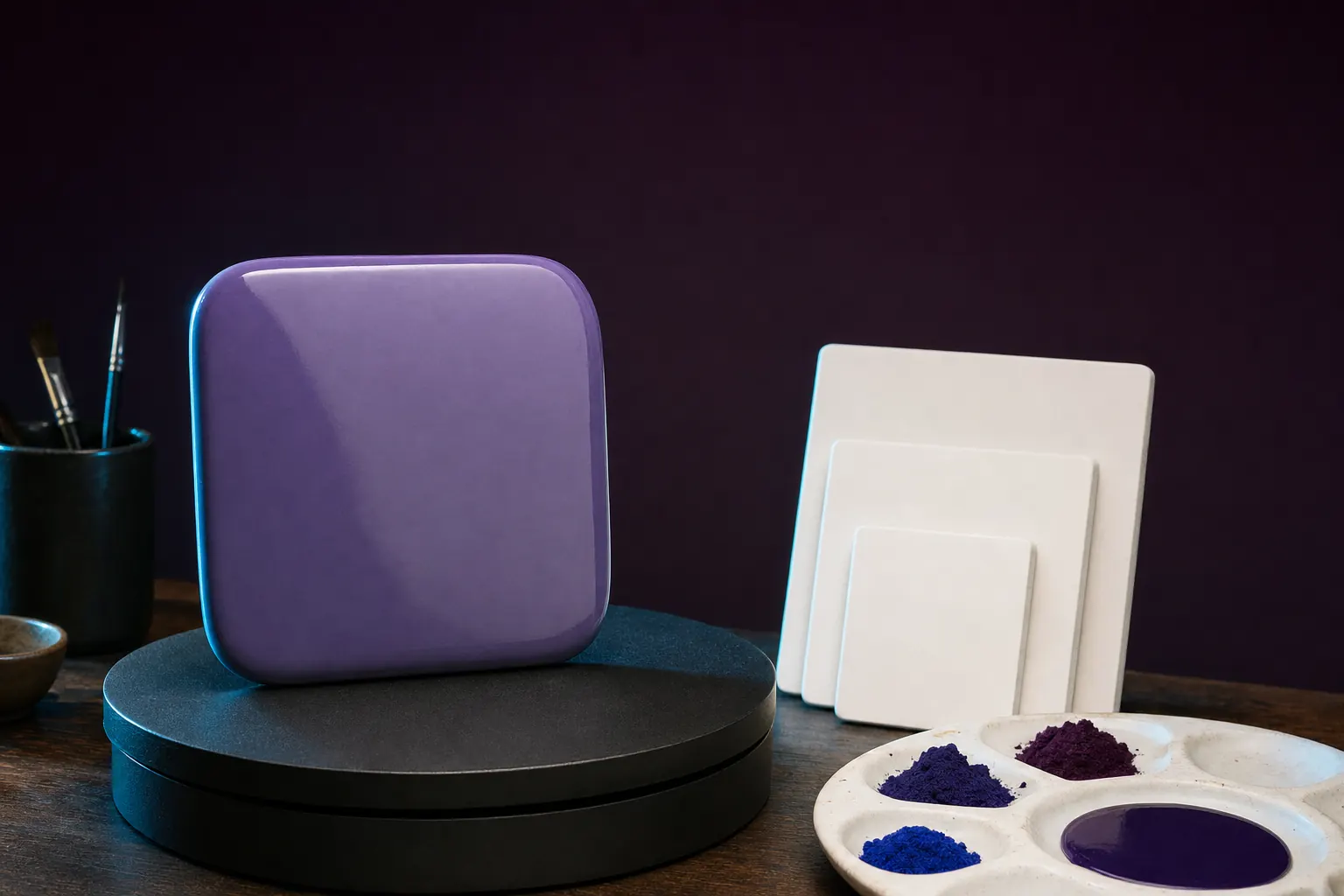 Glossy blank violet rounded-square tile standing on a black turntable beside a ceramic palette of blue and purple pigment and plain white boards