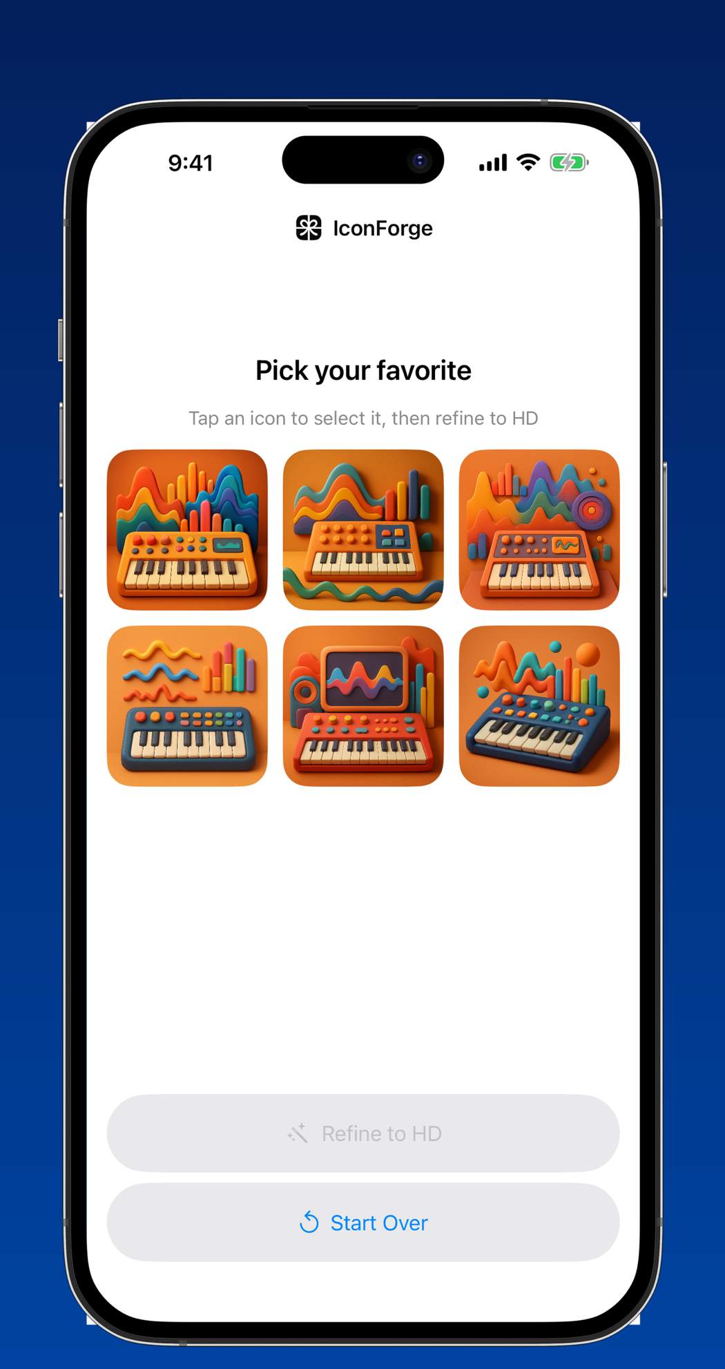 IconForge pick your favorite screen showing six different 3D clay icon concepts for a music app, each a distinct composition of keyboard and waveform shapes