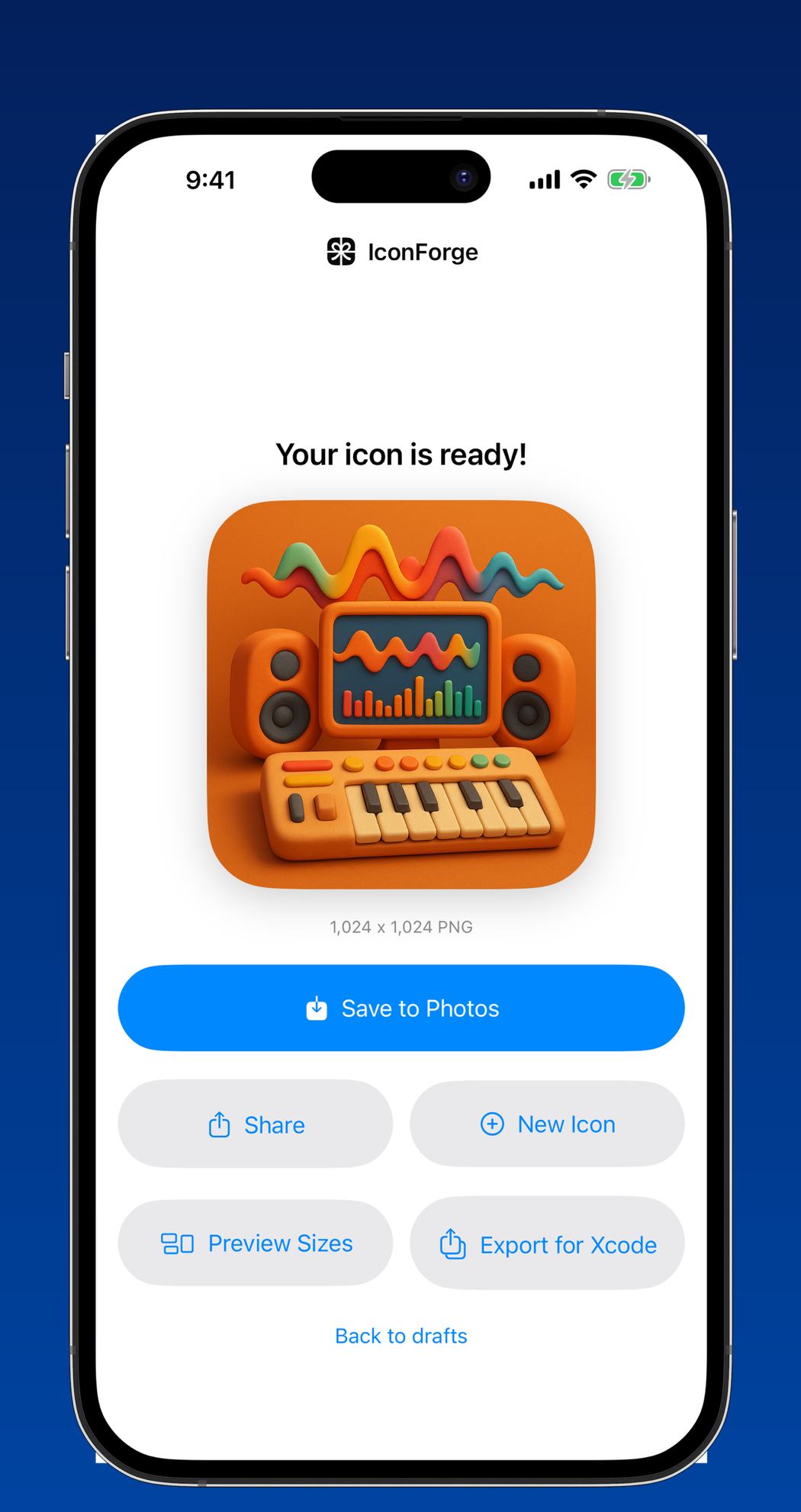 IconForge result screen showing a finished 3D clay music studio icon labelled 1,024 x 1,024 PNG with Save to Photos and Export for Xcode buttons