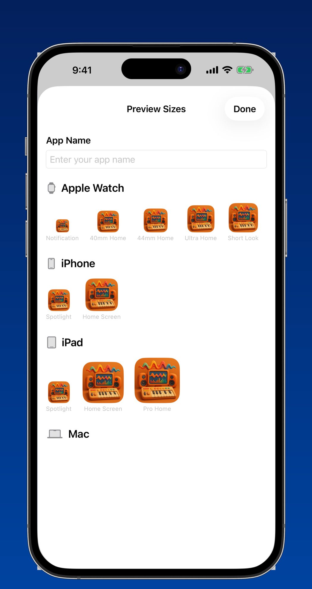 IconForge Preview Sizes sheet rendering one icon at Apple Watch notification, 40mm, 44mm and Ultra sizes, then iPhone Spotlight and Home Screen, then iPad