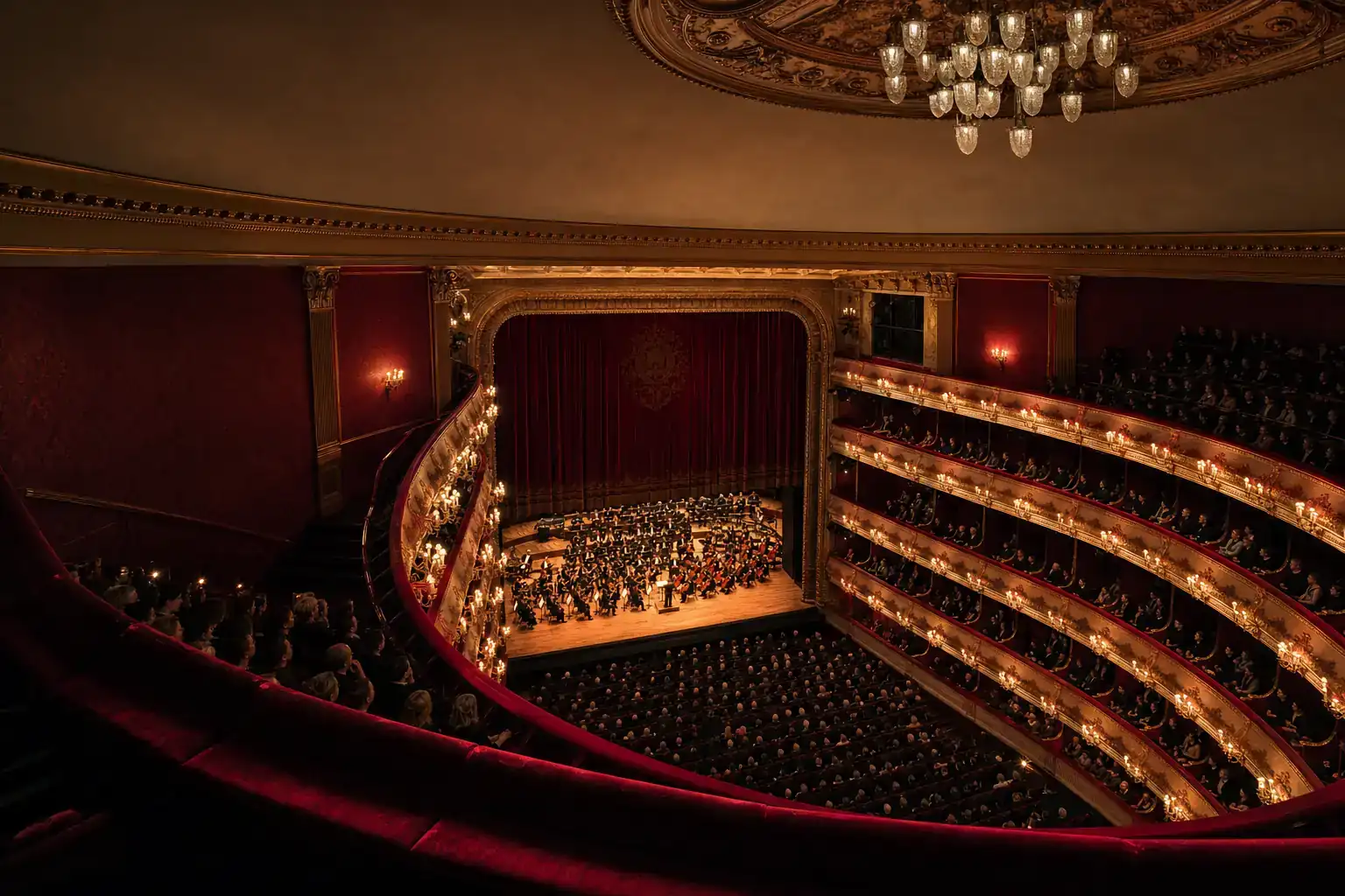 View from the top balcony of an ornate opera house down onto a lit stage and orchestra, gilded tiers of red velvet seats curving around a full house