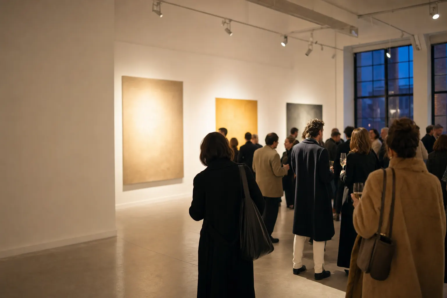 Crowd holding wine glasses at an evening opening in a white-walled gallery, large abstract canvases lit by track lighting, blue dusk in the windows
