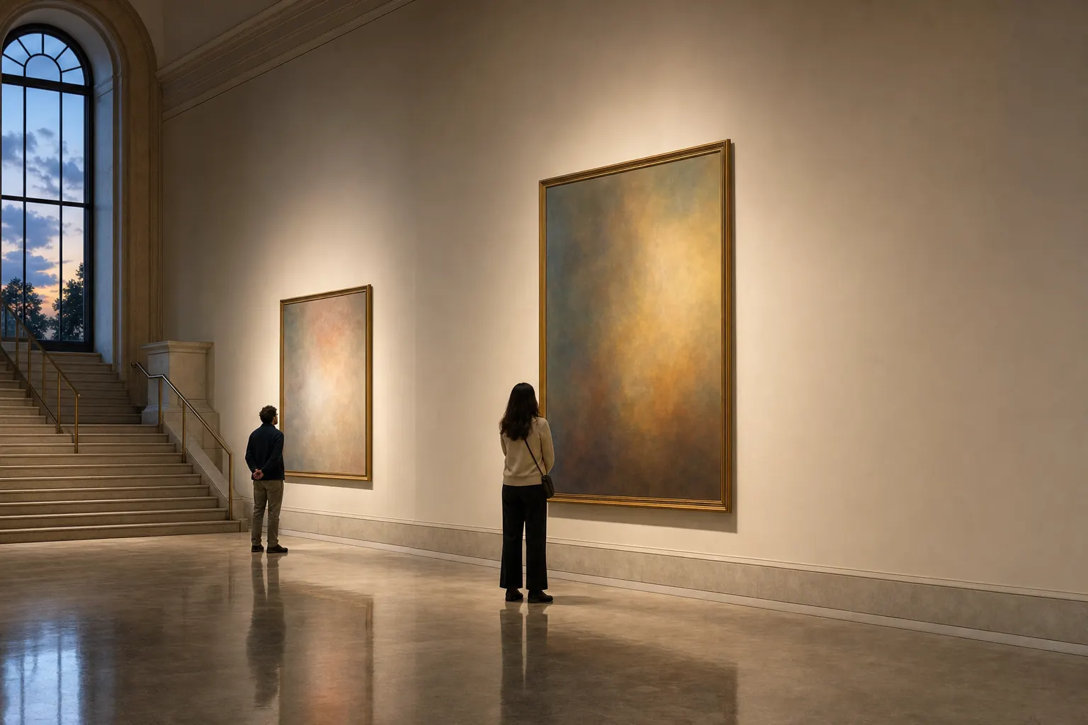 Two visitors standing in a quiet museum gallery at dusk in front of large gold-framed paintings, stone staircase and arched window with evening light