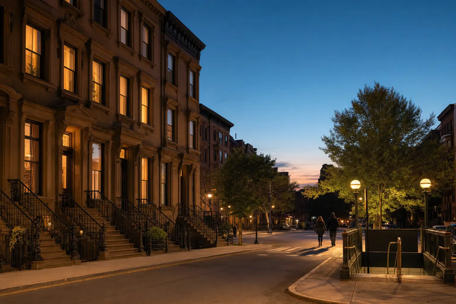 Brownstone street corner at blue hour with lit windows, iron stoop railings, a subway entrance at the curb and two people walking under amber streetlamps