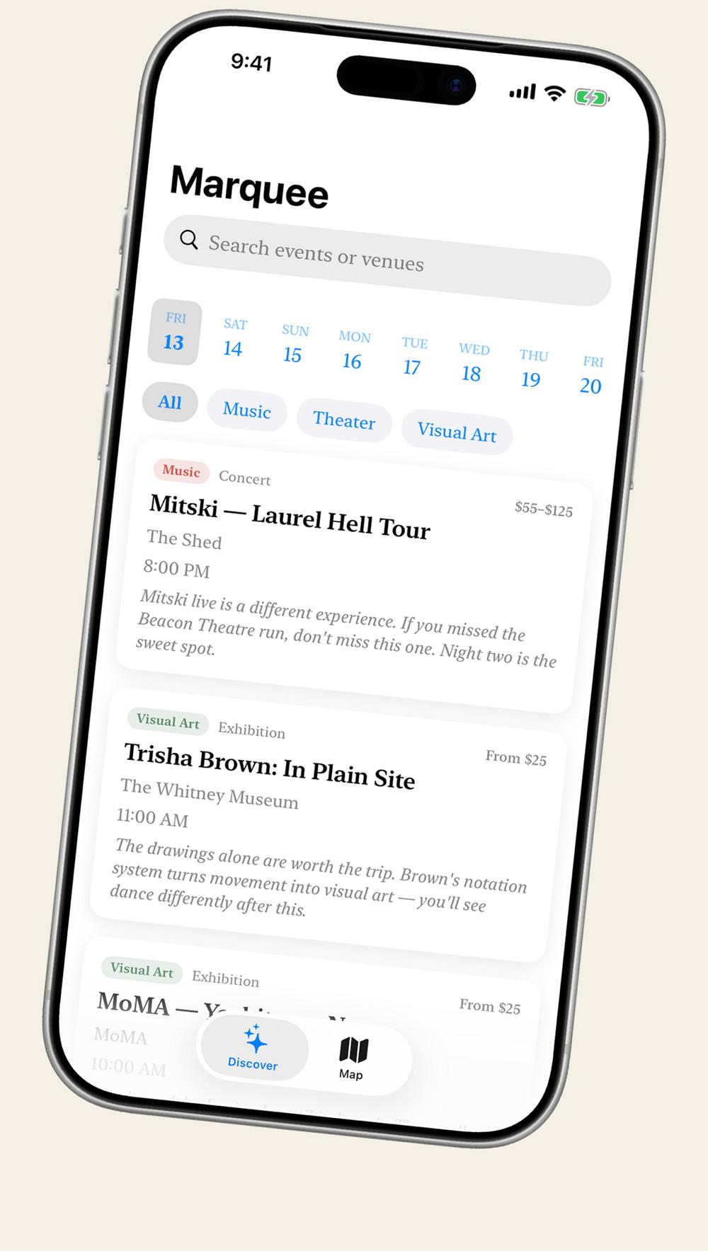 Marquee event list with a date strip and category filters, showing a museum exhibition card with venue, 11:00 AM start time, price and a short editorial note