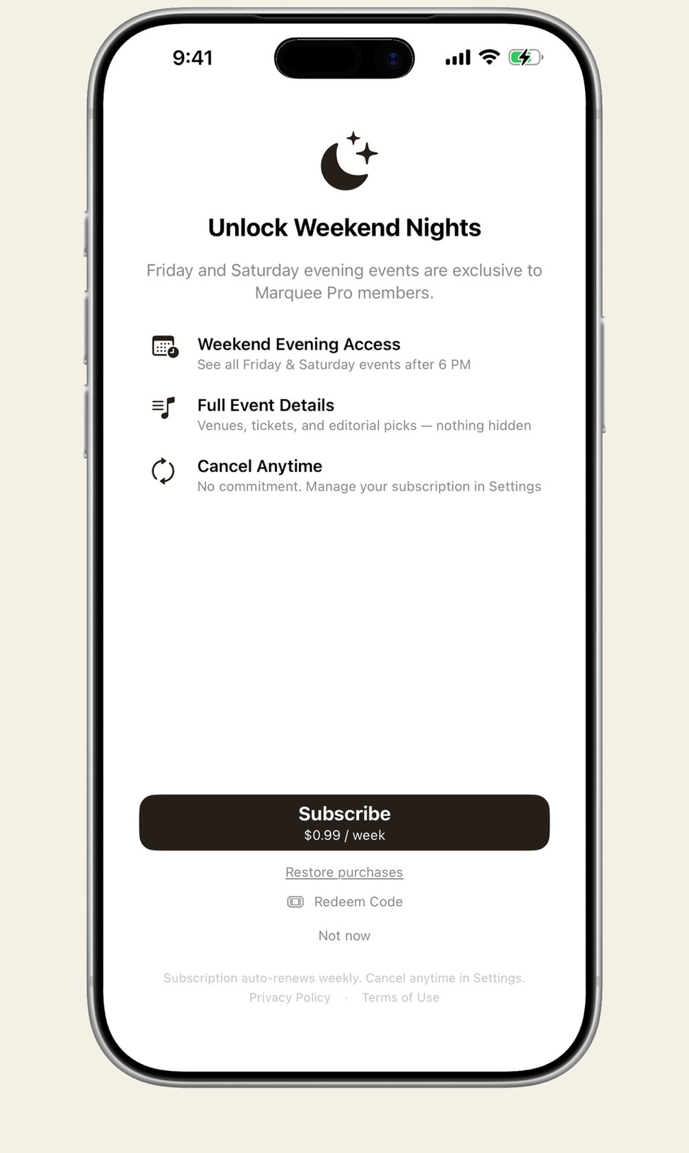 Marquee Pro screen explaining weekend evening access to Friday and Saturday events after 6 PM, with full event details and cancel anytime