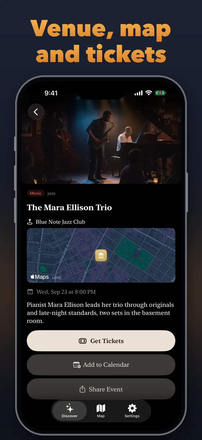 An event page with venue map and Get Tickets button