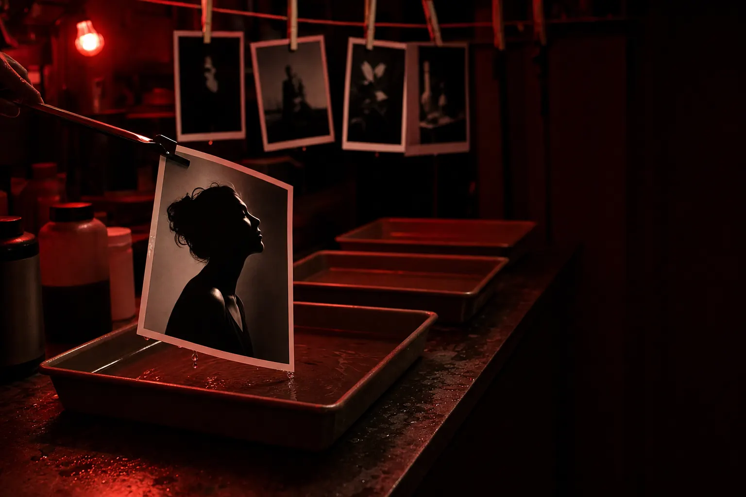 Darkroom under red safelight, tongs lifting a wet high-contrast monochrome portrait print from a developer tray with more prints on a drying line