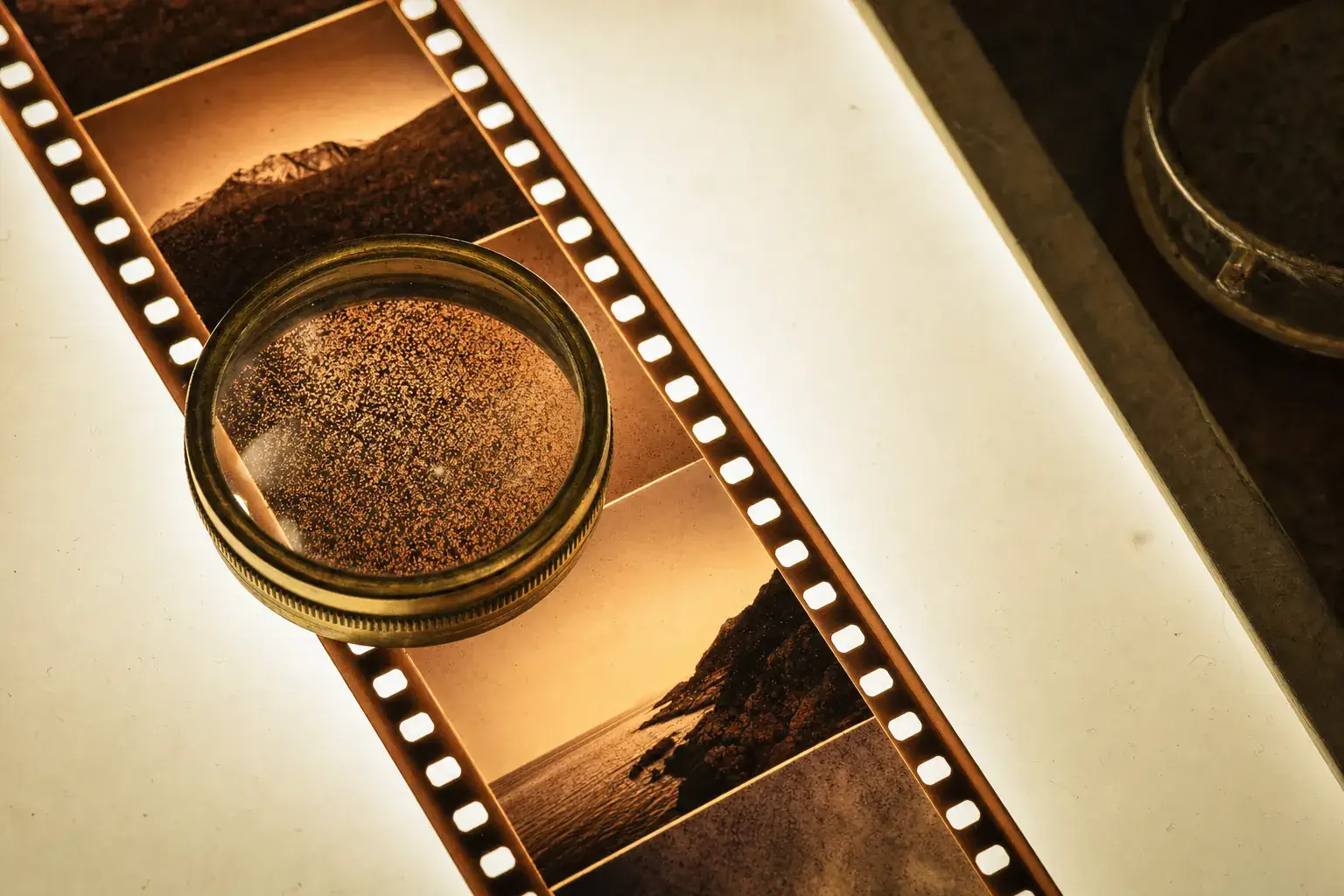 Macro view of a 35mm negative strip on a lightbox with a brass loupe magnifying one frame into visible speckled grain