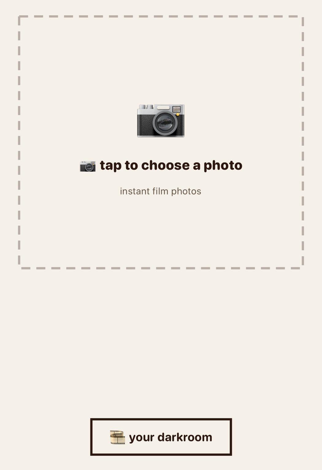 Philmm photo picker with a dashed drop zone, a camera icon, and a bordered your darkroom button at the bottom of the screen