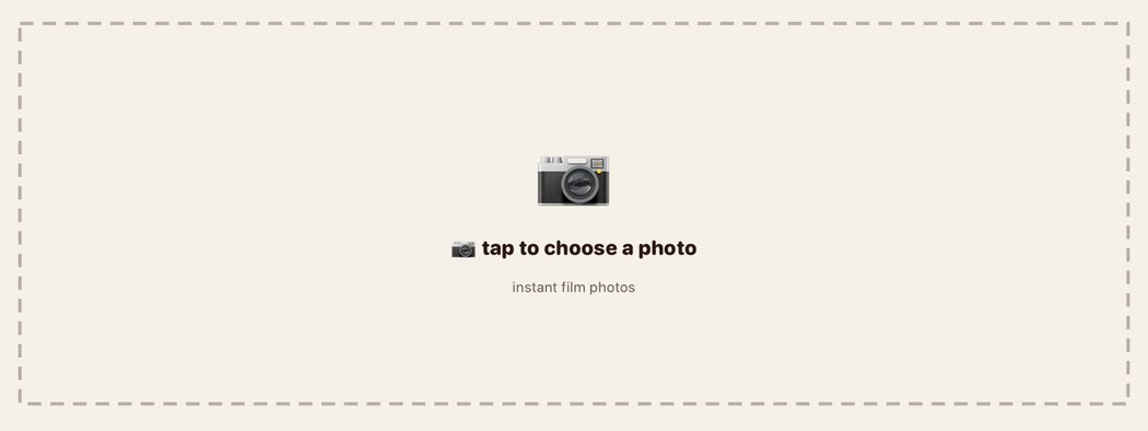 Philmm on iPad showing the wide dashed photo drop area with a camera icon and the caption instant film photos