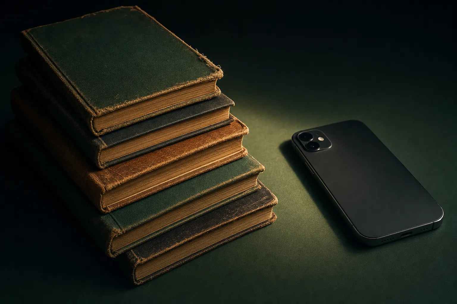 Stack of five worn cloth and leather bound notebooks beside a smartphone lying face down on a dark green surface under directional light