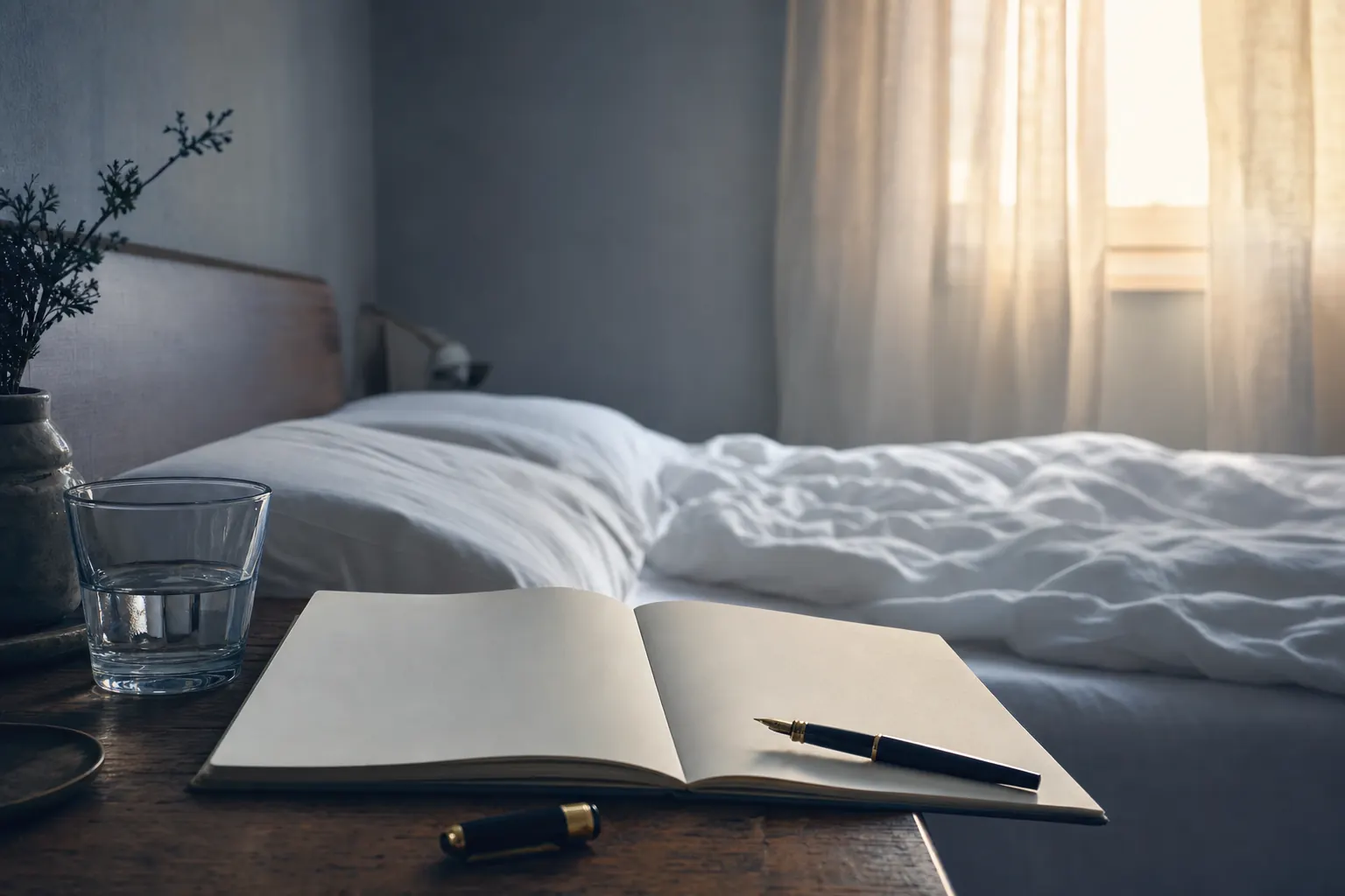 Open notebook with completely blank pages and an uncapped fountain pen on a bedside table at dawn, unmade bed and glowing curtains behind
