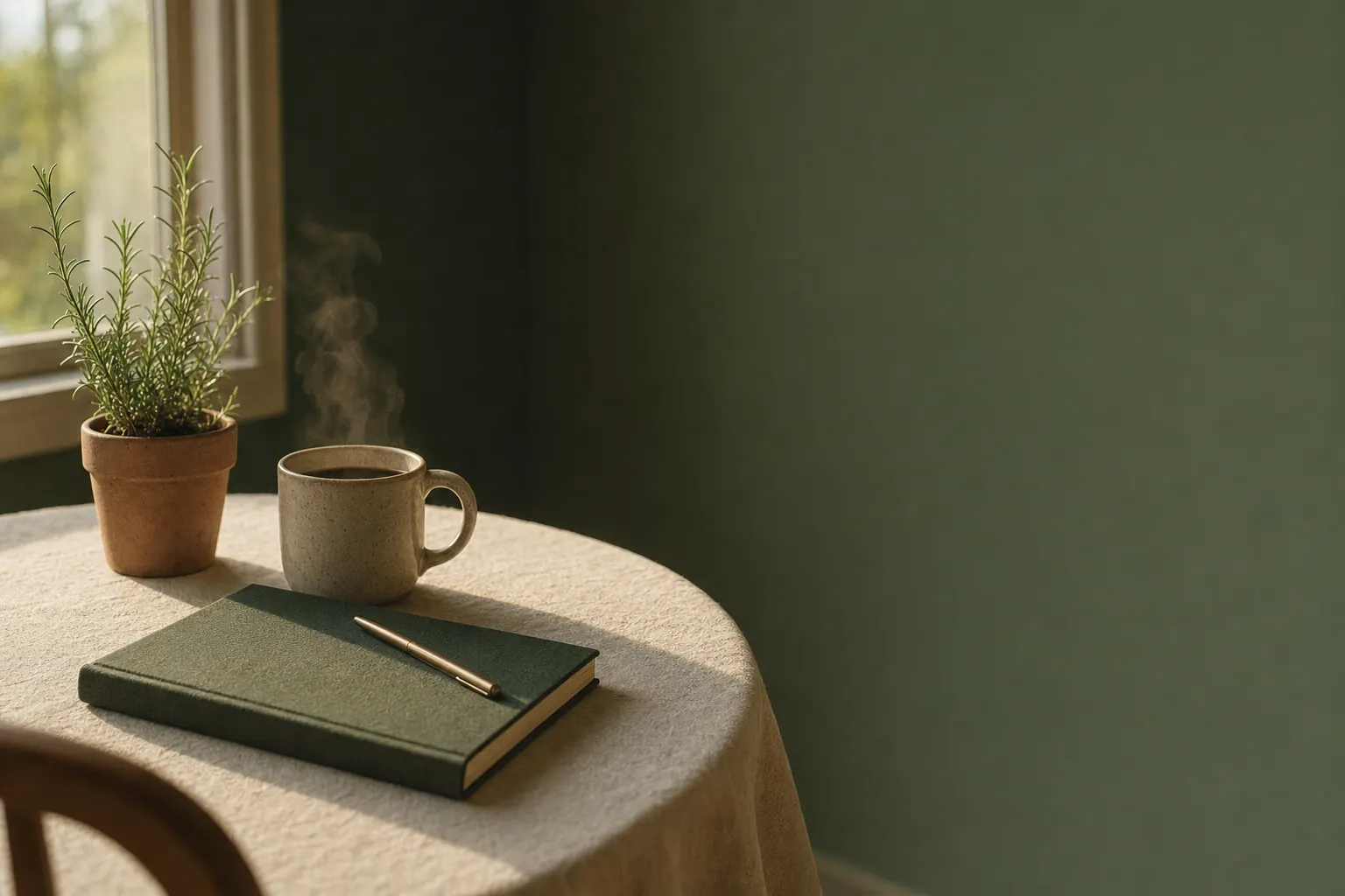 Closed dark green cloth notebook and brass pen on a cream tablecloth beside a steaming mug of coffee in morning window light