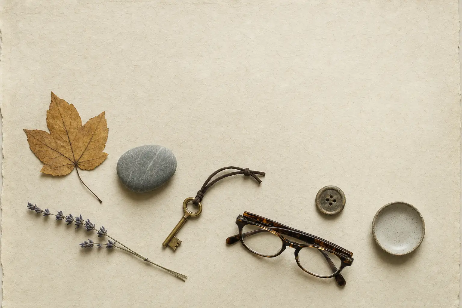 Overhead flat lay of small keepsakes on cream paper: a pressed maple leaf, a river stone, a brass key, dried lavender, reading glasses and a worn button