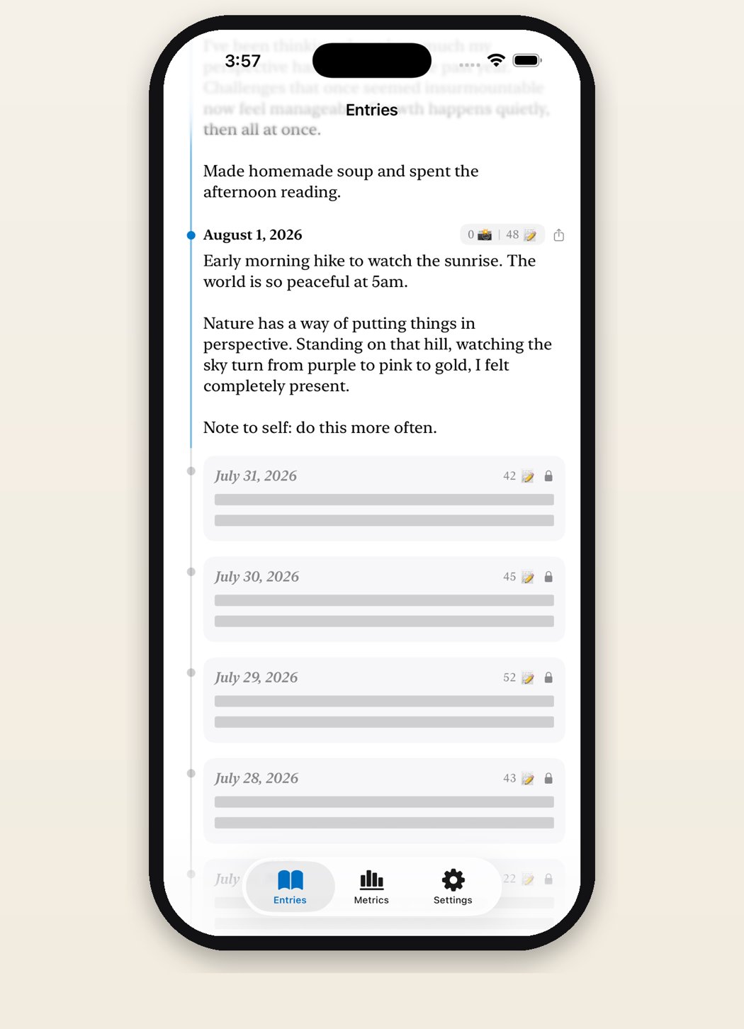 Daily Writer entries timeline showing dated past entries with word counts and lock icons on sealed days, scrolling back through August and July