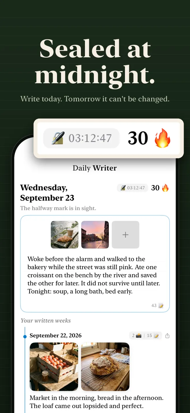 Today's page in Daily Writer with its midnight countdown