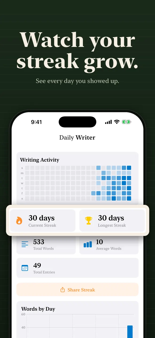 Daily Writer streak and writing-activity grid
