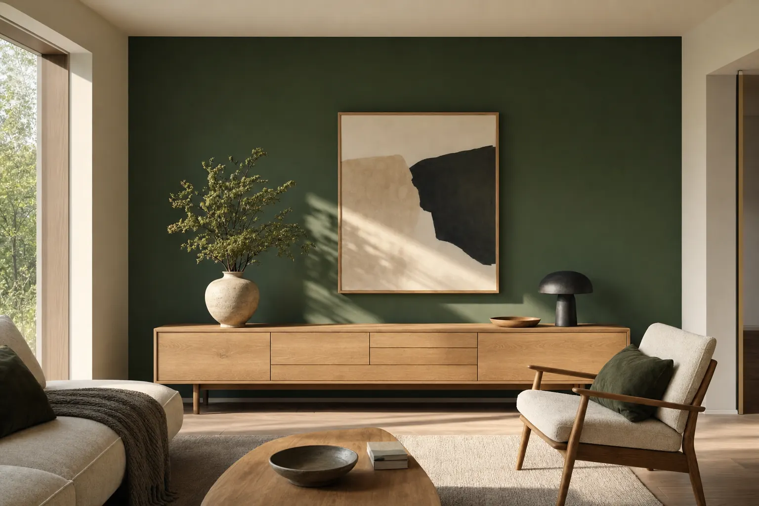 Deep forest green accent wall behind a light oak console with framed abstract art, other walls warm white
