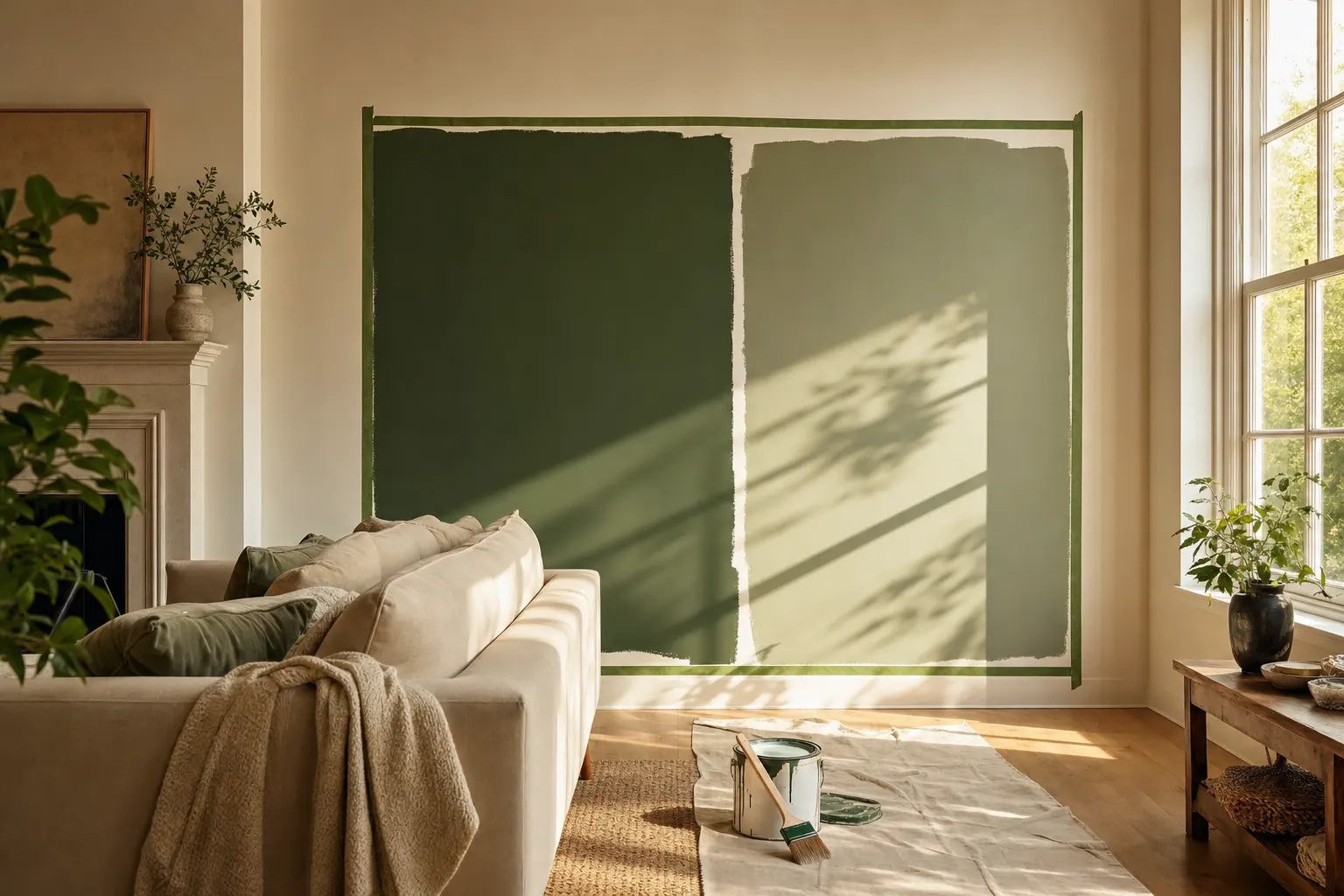 Living room wall with two large painted test swatches in green tones, painter’s tape and brushes nearby