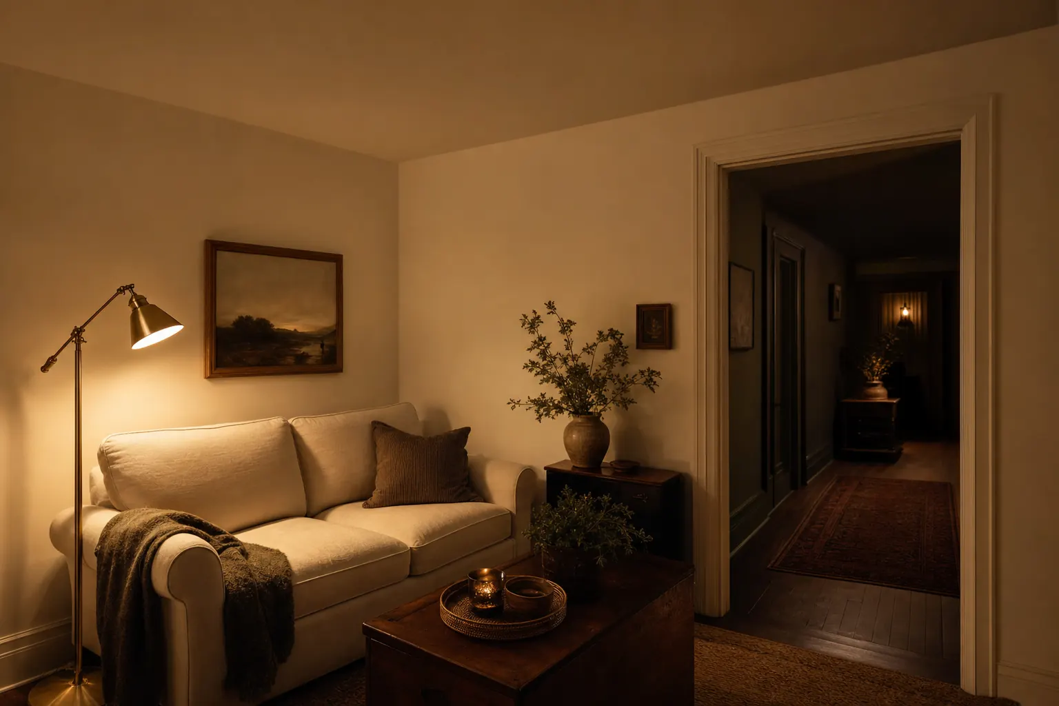 Small cozy den painted warm cream, brass floor lamp glowing, dark hallway visible through the doorway