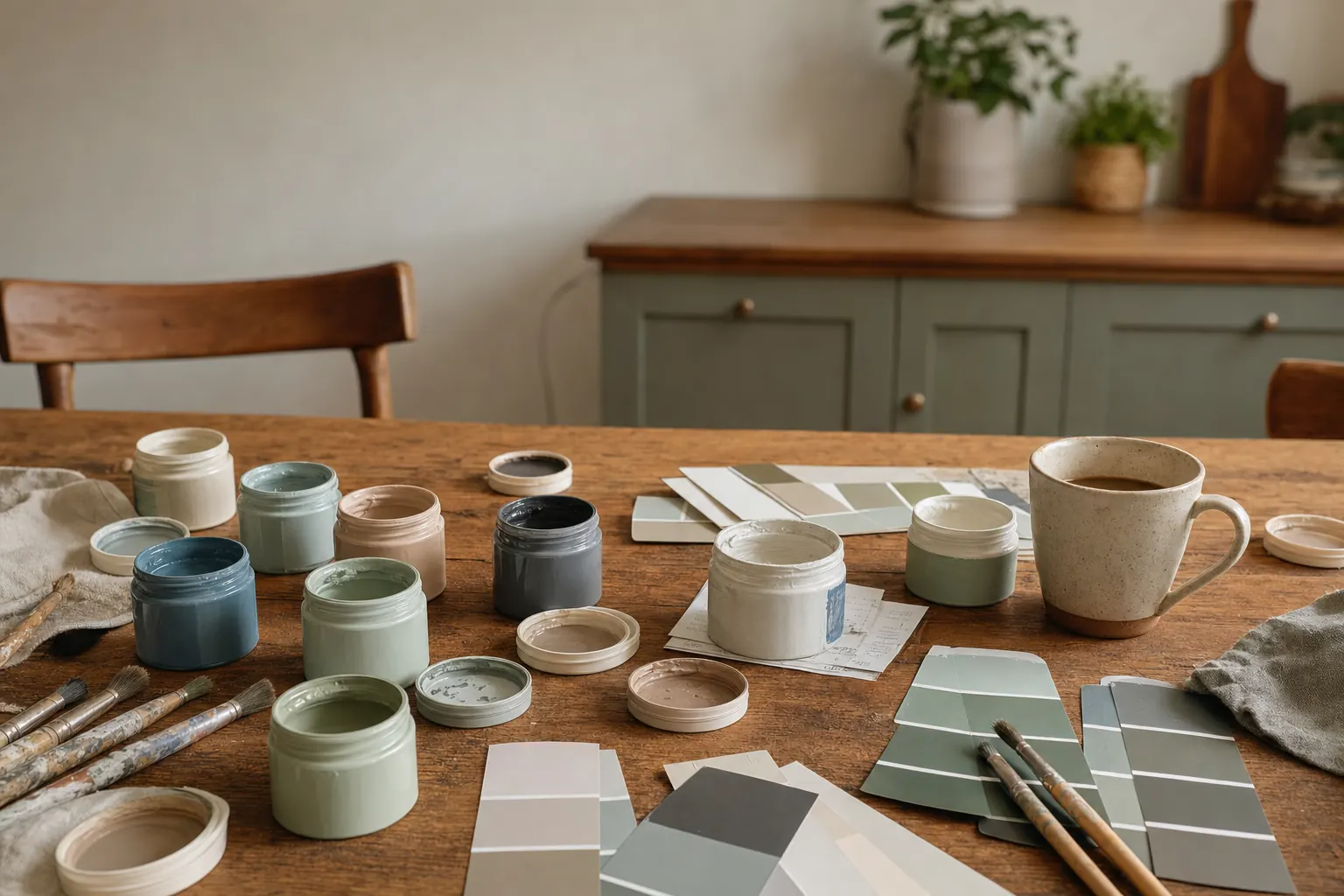Kitchen table crowded with open paint sample pots, dried brushes, swatch cards and a coffee mug