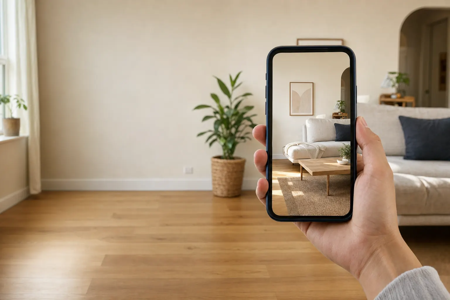 Hand holding a smartphone up in a cream-walled living room with warm daylight