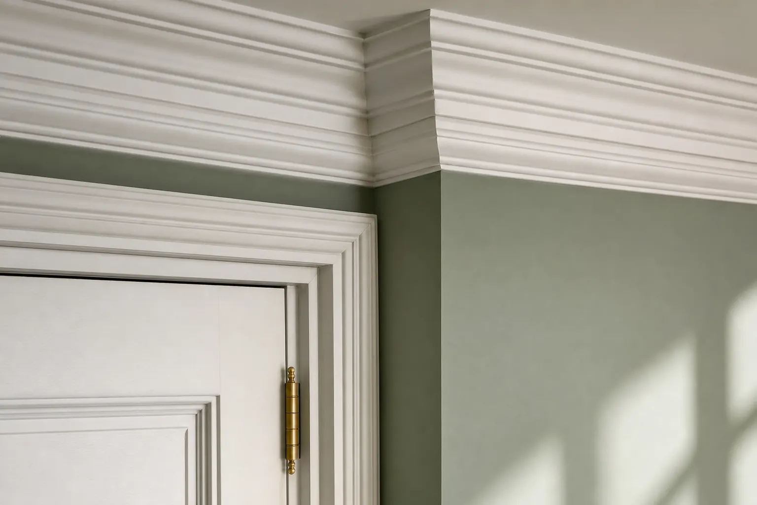 Crisp white painted crown molding and trim meeting a muted sage green wall with sharp masked edges