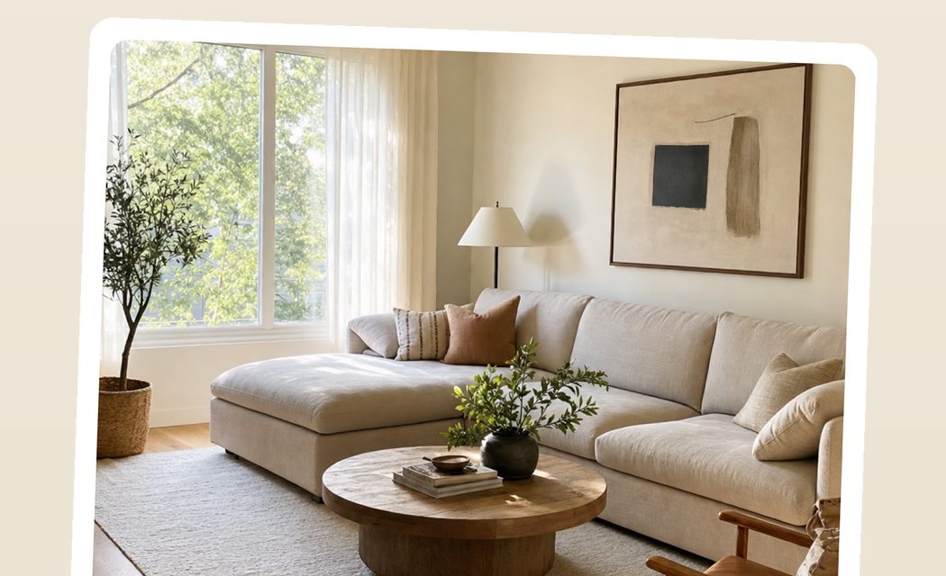 A beige living room with cream sofa and oak floor, captioned as the room in its current greige color