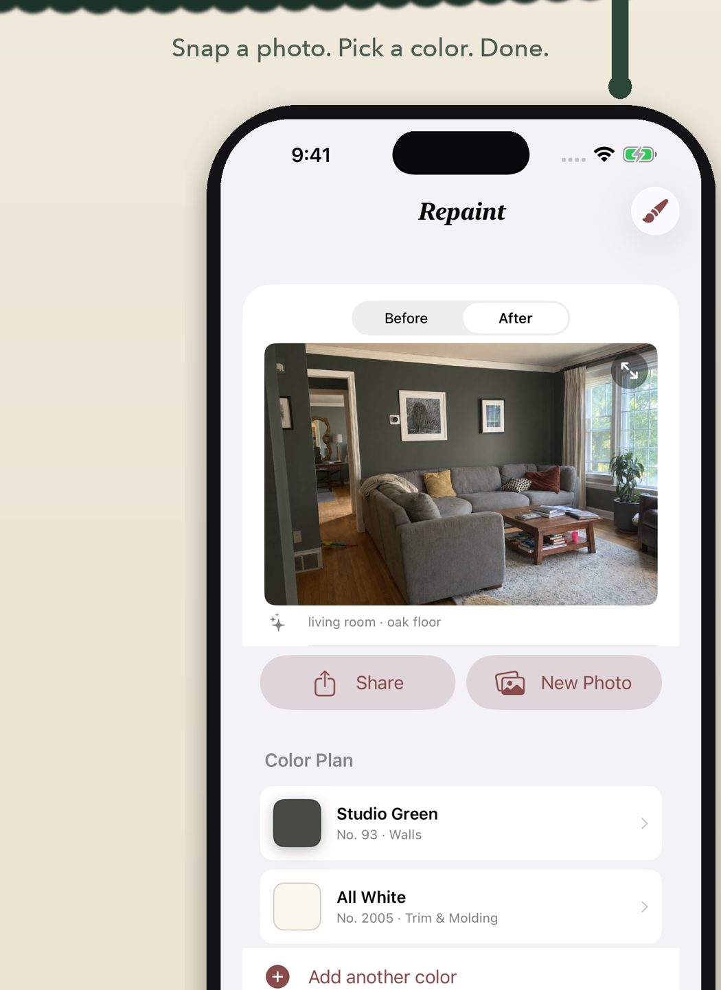 Repaint app showing a living room rendered with Studio Green walls and a color plan listing walls and trim assignments