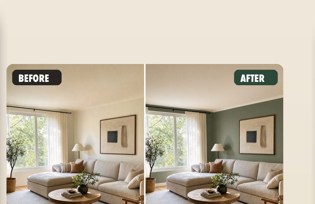 Before and after comparison of the same living room, cream walls versus sage green walls, identical furniture and lighting
