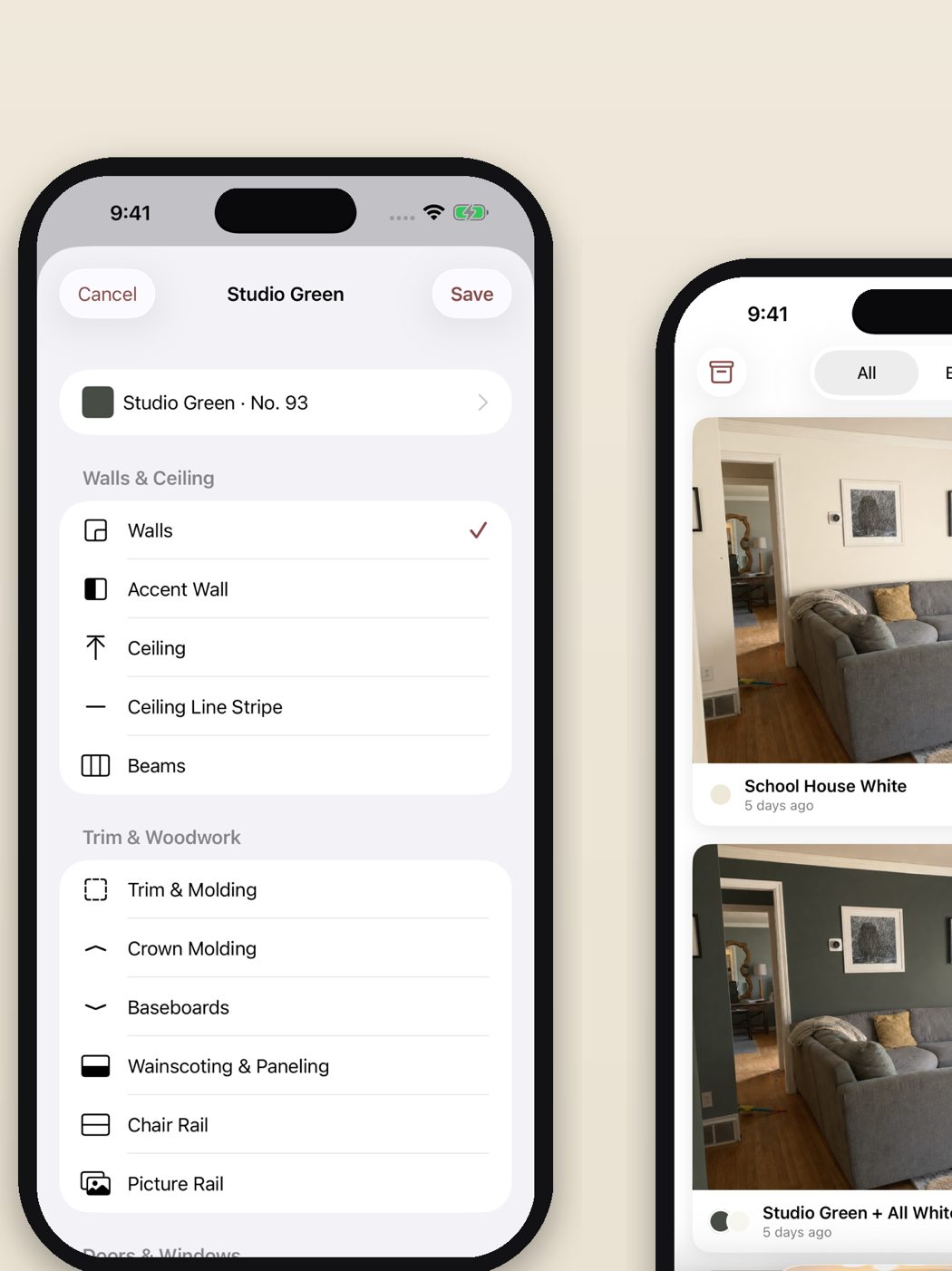Repaint surface picker listing walls, ceiling, trim, crown molding and other paintable surfaces with a saved gallery of rendered schemes