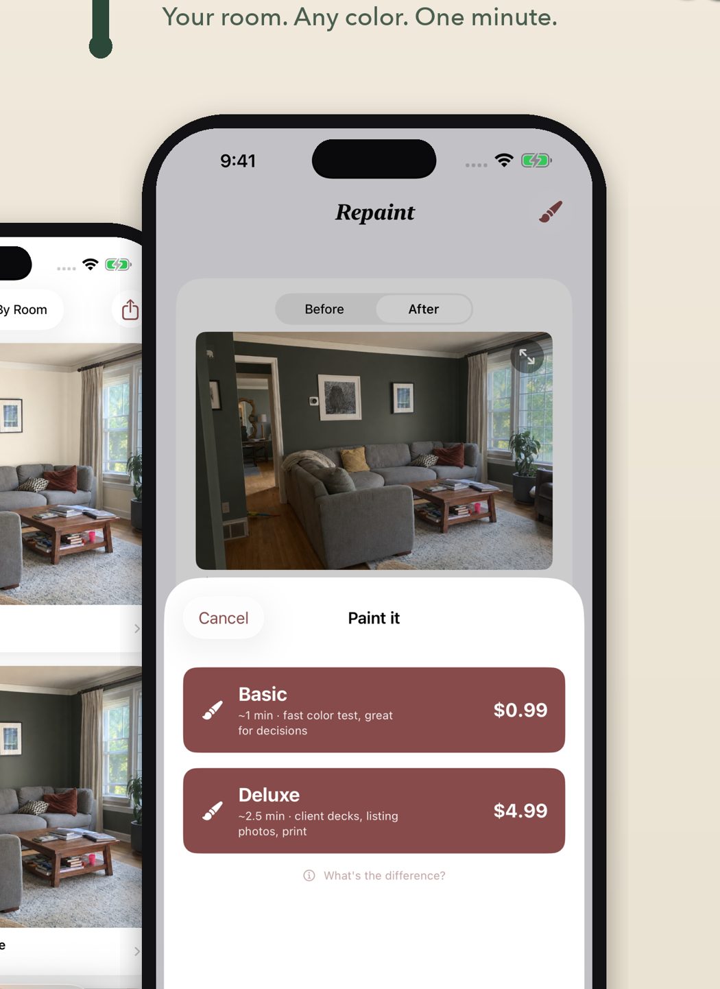 Repaint app paint-it sheet over a green living room render, showing Basic and Deluxe render options
