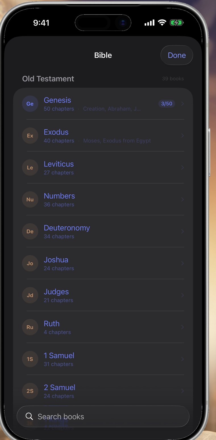 RSVP Bible book picker listing Old Testament books with chapter counts and short summaries, Genesis marked 3 of 50 chapters read