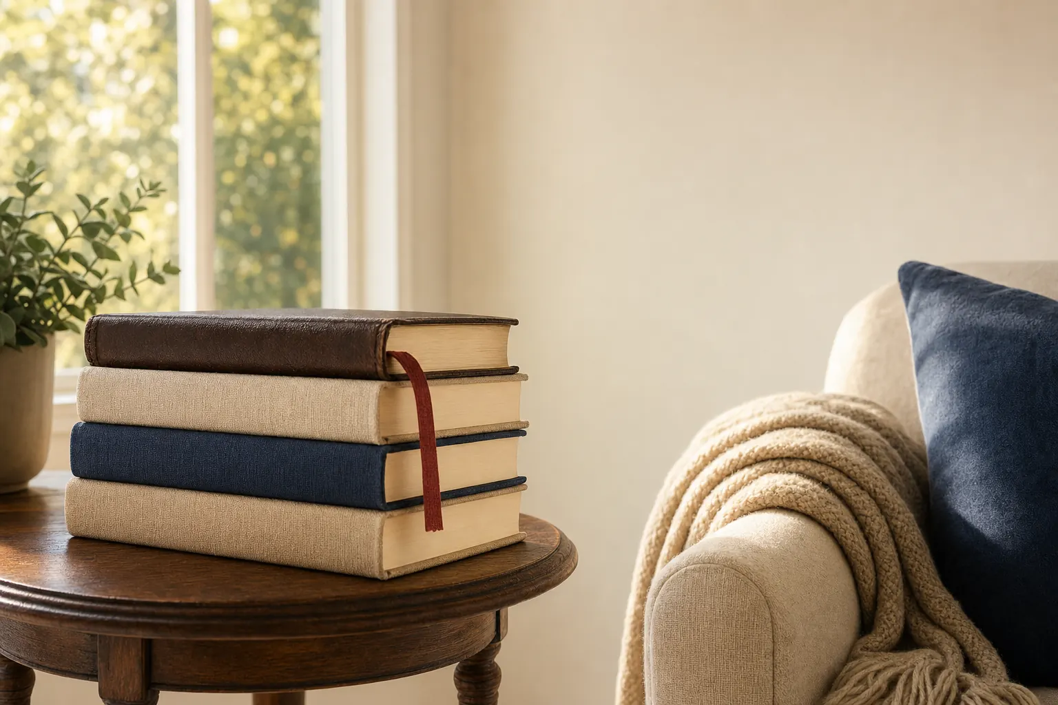 Stack of four closed books with cream page edges facing out and a red ribbon marker hanging, on a round side table beside an armchair