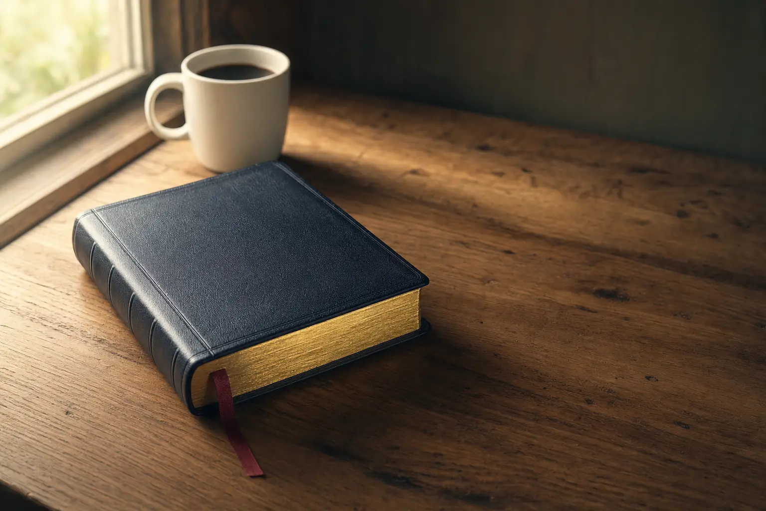 Closed navy leather Bible with gilded page edges and a crimson ribbon marker on a dark wooden sill beside a white mug of black coffee